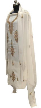 Elegant Off White Kashmiri Aari Work Georgette Three Piece Unstitched Suit Set - Luxurion World