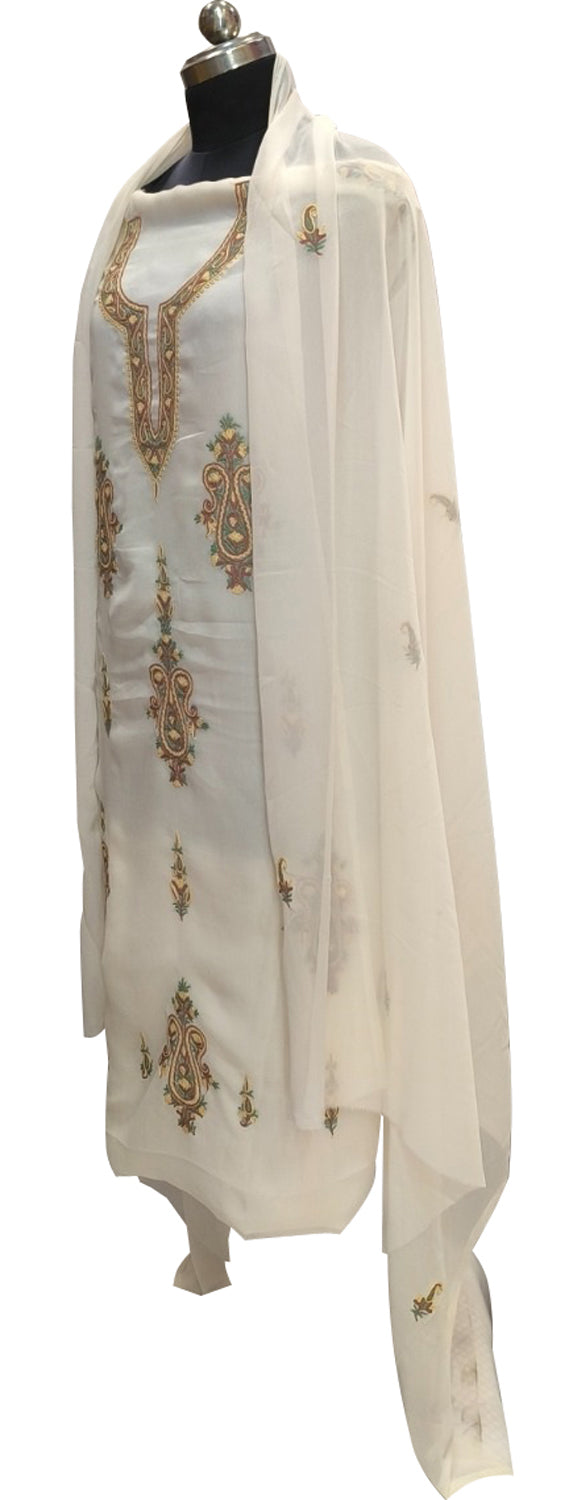 Elegant Off White Kashmiri Aari Work Georgette Three Piece Unstitched Suit Set - Luxurion World