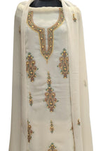 Elegant Off White Kashmiri Aari Work Georgette Three Piece Unstitched Suit Set - Luxurion World