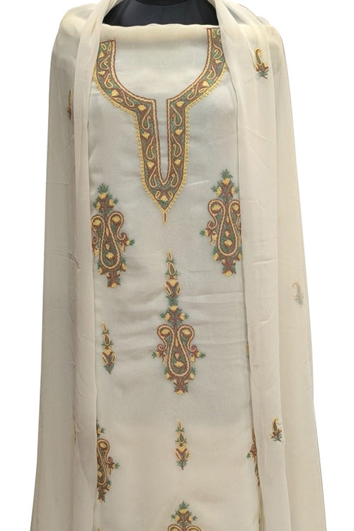 Elegant Off White Kashmiri Aari Work Georgette Three Piece Unstitched Suit Set - Luxurion World