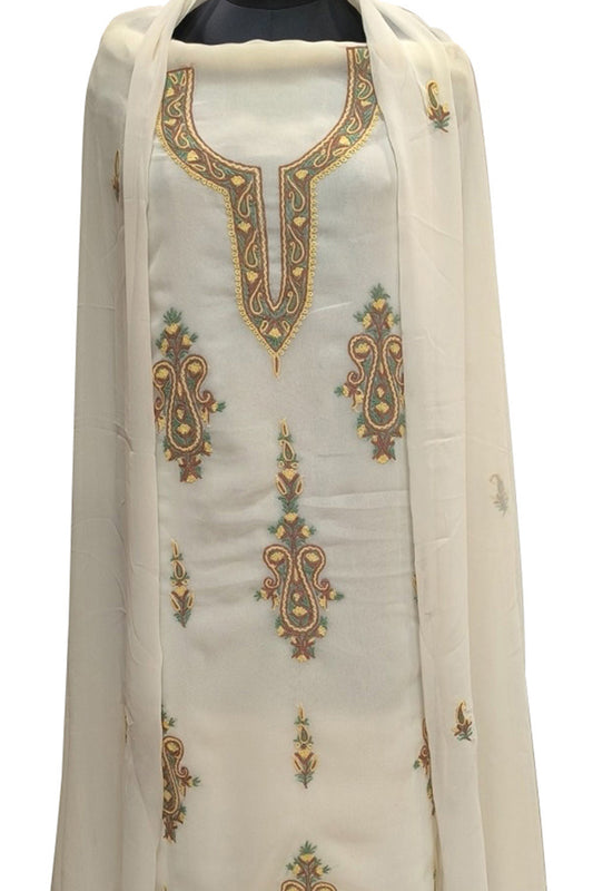 Elegant Off White Kashmiri Aari Work Georgette Three Piece Unstitched Suit Set - Luxurion World