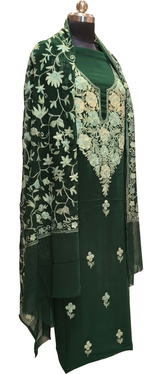 Stunning Green Kashmiri Aari Work Georgette Three Piece Unstitched Suit Set - Luxurion World