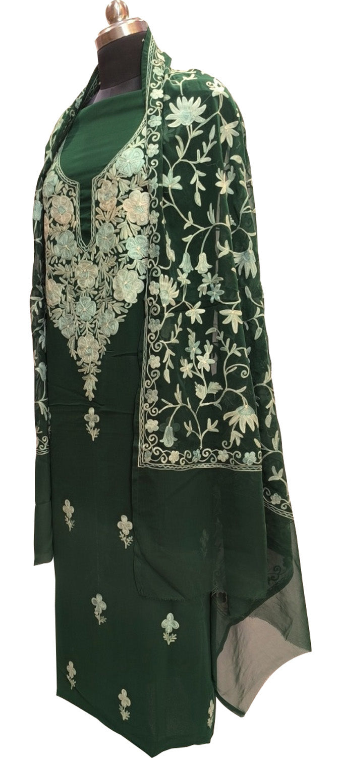 Stunning Green Kashmiri Aari Work Georgette Three Piece Unstitched Suit Set - Luxurion World
