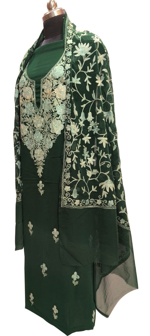 Stunning Green Kashmiri Aari Work Georgette Three Piece Unstitched Suit Set - Luxurion World