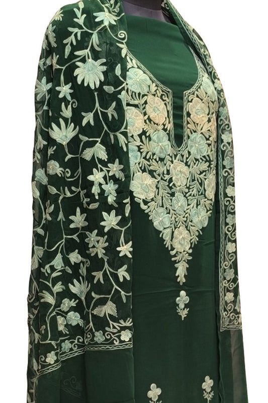 Stunning Green Kashmiri Aari Work Georgette Three Piece Unstitched Suit Set - Luxurion World