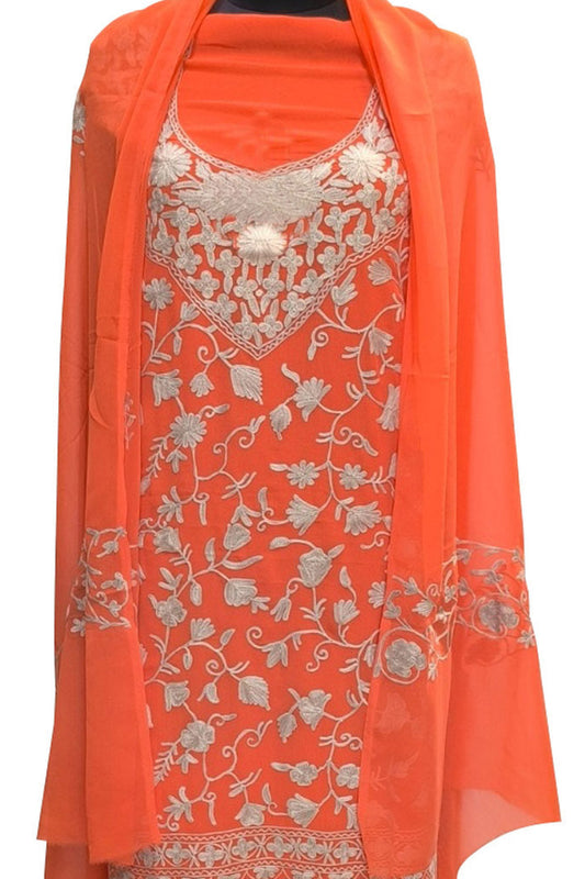 Elegant Orange Kashmiri Aari Work Georgette Three Piece Unstitched Suit Set - Luxurion World