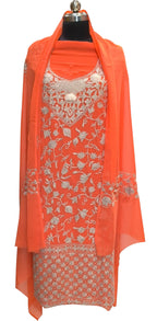 Elegant Orange Kashmiri Aari Work Georgette Three Piece Unstitched Suit Set - Luxurion World