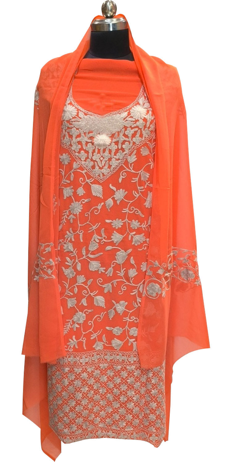 Elegant Orange Kashmiri Aari Work Georgette Three Piece Unstitched Suit Set - Luxurion World
