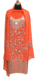 Elegant Orange Kashmiri Aari Work Georgette Three Piece Unstitched Suit Set - Luxurion World