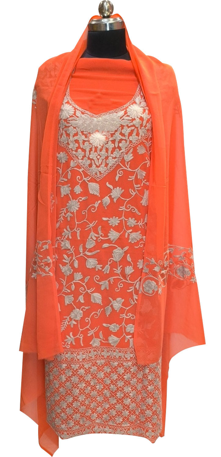 Elegant Orange Kashmiri Aari Work Georgette Three Piece Unstitched Suit Set - Luxurion World