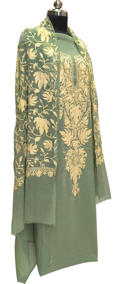 Elegant Blue Kashmiri Aari Work Georgette Three Piece Unstitched Suit Set - Luxurion World