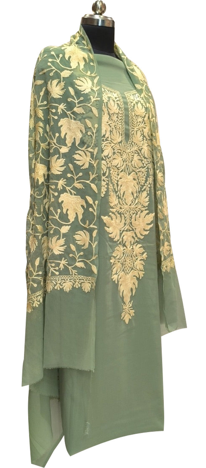 Elegant Blue Kashmiri Aari Work Georgette Three Piece Unstitched Suit Set - Luxurion World