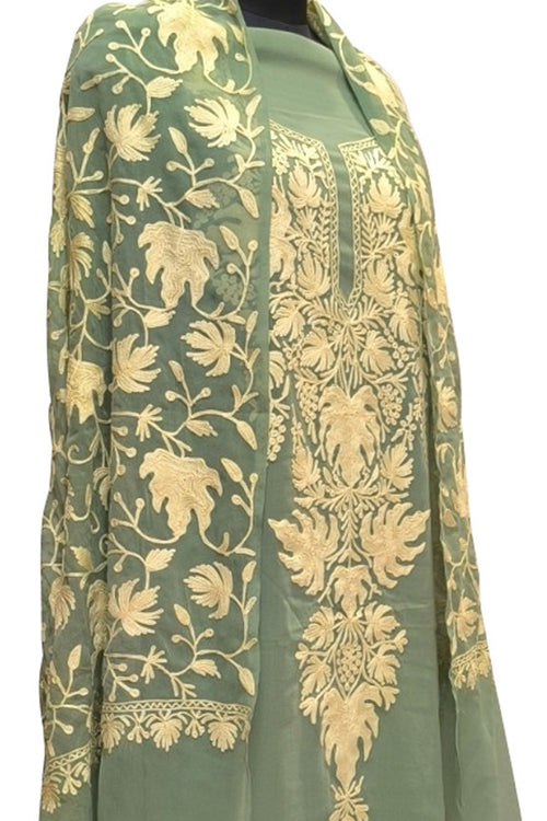 Elegant Blue Kashmiri Aari Work Georgette Three Piece Unstitched Suit Set - Luxurion World