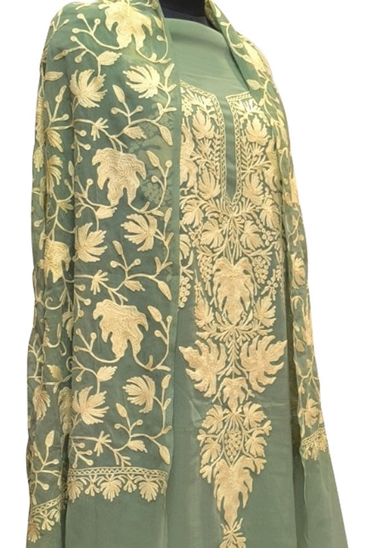 Elegant Blue Kashmiri Aari Work Georgette Three Piece Unstitched Suit Set - Luxurion World