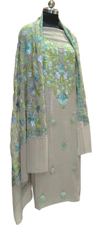 Elegant Grey Kashmiri Aari Work Georgette Three Piece Unstitched Suit Set - Luxurion World