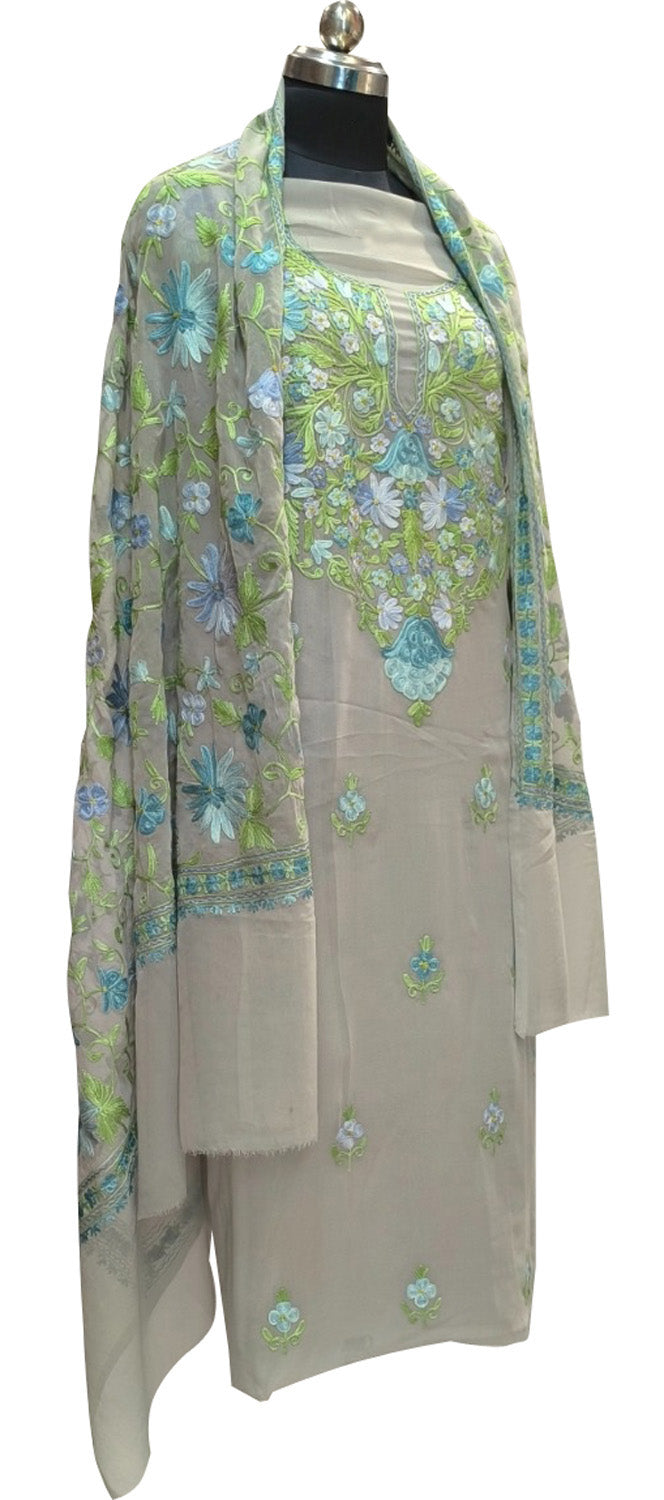Elegant Grey Kashmiri Aari Work Georgette Three Piece Unstitched Suit Set - Luxurion World