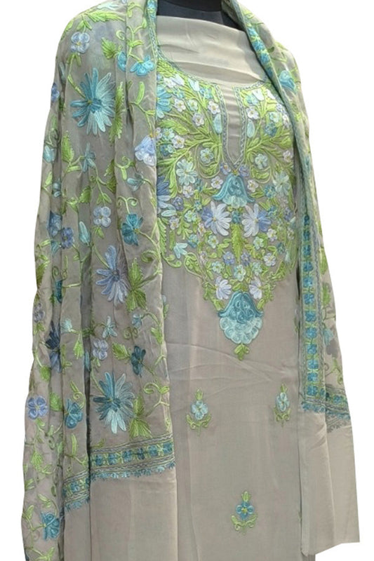 Elegant Grey Kashmiri Aari Work Georgette Three Piece Unstitched Suit Set - Luxurion World