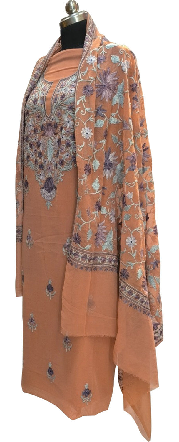 Elegant Orange Kashmiri Aari Work Georgette Three Piece Unstitched Suit Set - Luxurion World