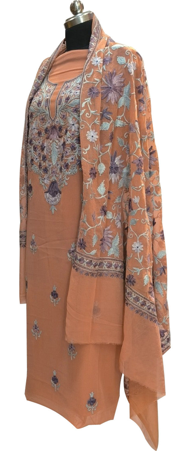 Elegant Orange Kashmiri Aari Work Georgette Three Piece Unstitched Suit Set - Luxurion World