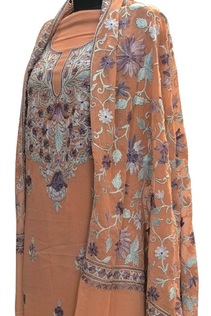 Elegant Orange Kashmiri Aari Work Georgette Three Piece Unstitched Suit Set - Luxurion World