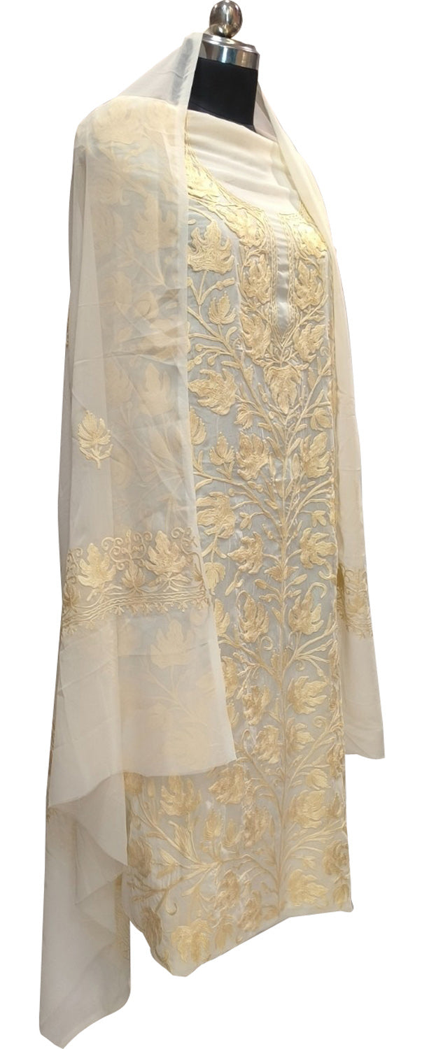 Elegant Off White Kashmiri Aari Work Georgette Three Piece Unstitched Suit Set - Luxurion World