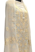 Elegant Off White Kashmiri Aari Work Georgette Three Piece Unstitched Suit Set - Luxurion World