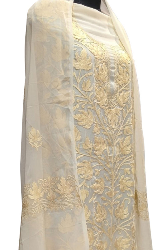 Elegant Off White Kashmiri Aari Work Georgette Three Piece Unstitched Suit Set - Luxurion World