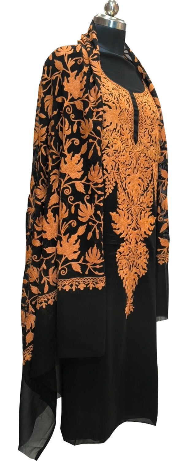 Elegant Black Kashmiri Aari Work Georgette Three Piece Unstitched Suit Set - Luxurion World