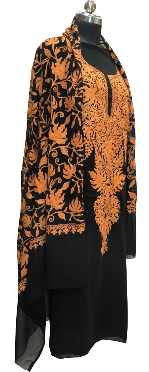 Elegant Black Kashmiri Aari Work Georgette Three Piece Unstitched Suit Set - Luxurion World