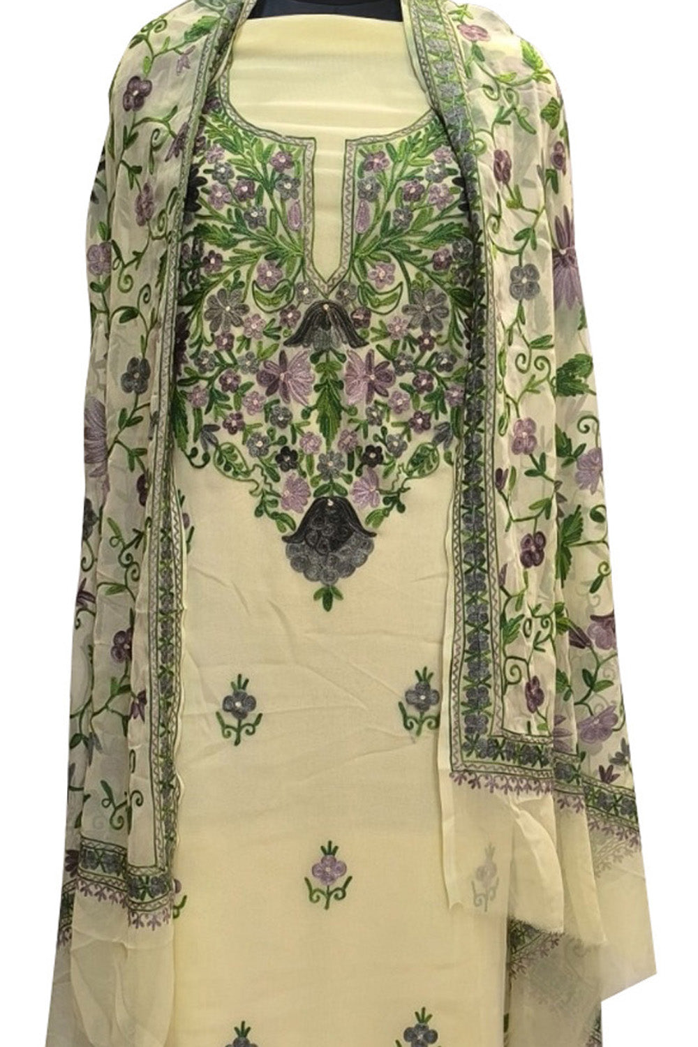 Elegant Pastel Kashmiri Aari Work Georgette Three Piece Unstitched Suit Set - Luxurion World