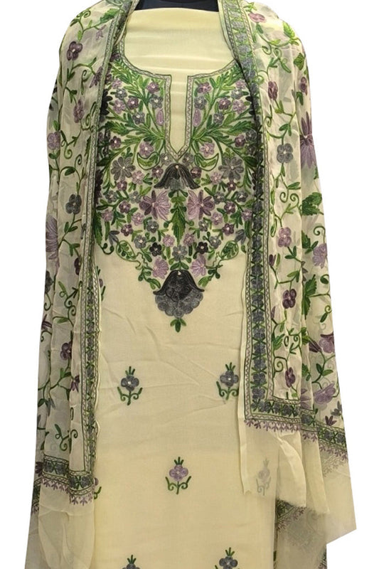 Elegant Pastel Kashmiri Aari Work Georgette Three Piece Unstitched Suit Set - Luxurion World