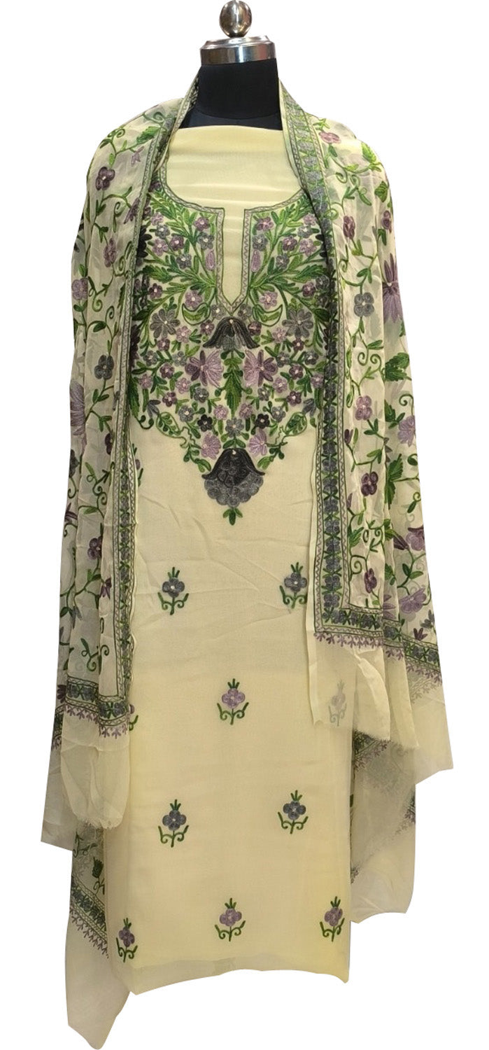 Elegant Pastel Kashmiri Aari Work Georgette Three Piece Unstitched Suit Set - Luxurion World
