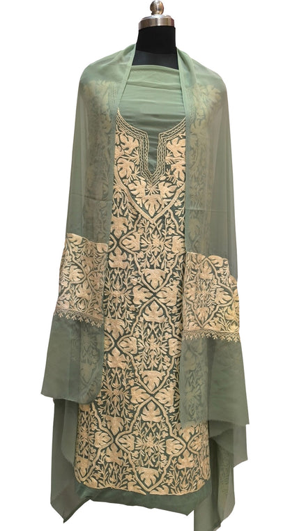 Elegant Green Kashmiri Aari Work Georgette Three Piece Unstitched Suit Set - Luxurion World