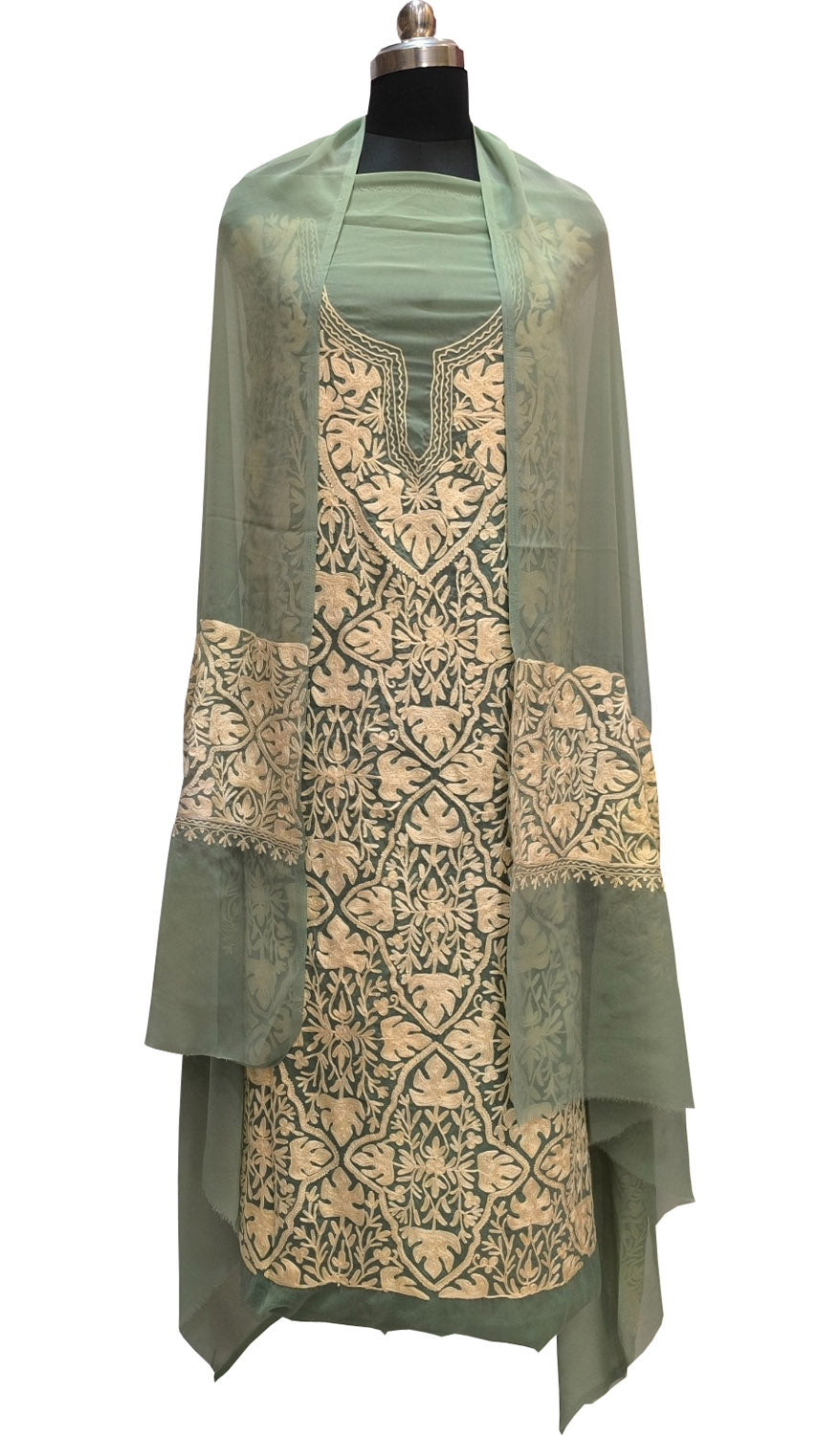 Elegant Green Kashmiri Aari Work Georgette Three Piece Unstitched Suit Set - Luxurion World