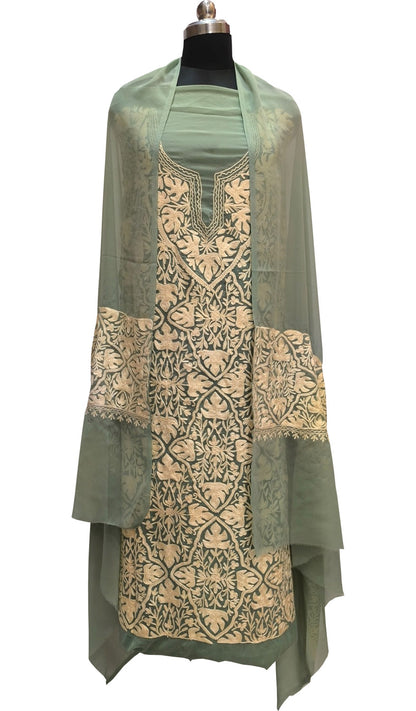 Elegant Green Kashmiri Aari Work Georgette Three Piece Unstitched Suit Set - Luxurion World