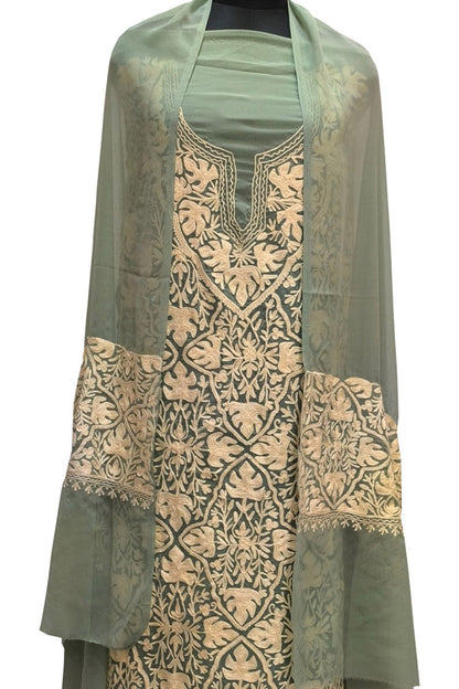Elegant Green Kashmiri Aari Work Georgette Three Piece Unstitched Suit Set - Luxurion World