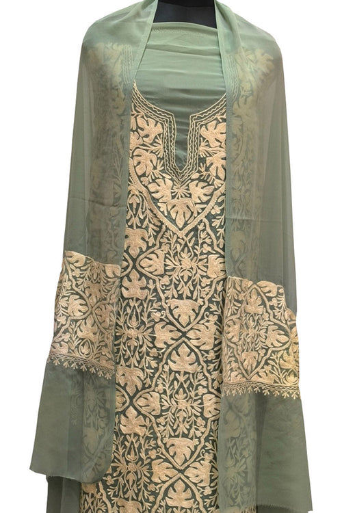 Elegant Green Kashmiri Aari Work Georgette Three Piece Unstitched Suit Set - Luxurion World