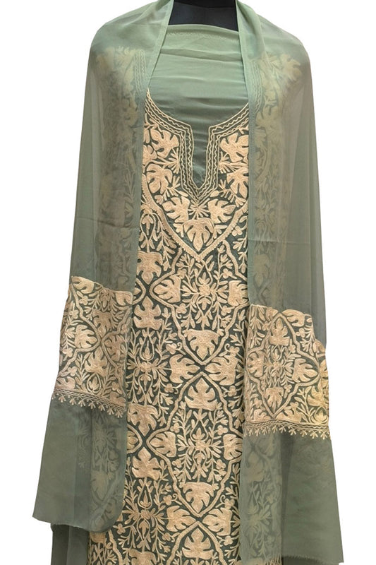 Elegant Green Kashmiri Aari Work Georgette Three Piece Unstitched Suit Set - Luxurion World