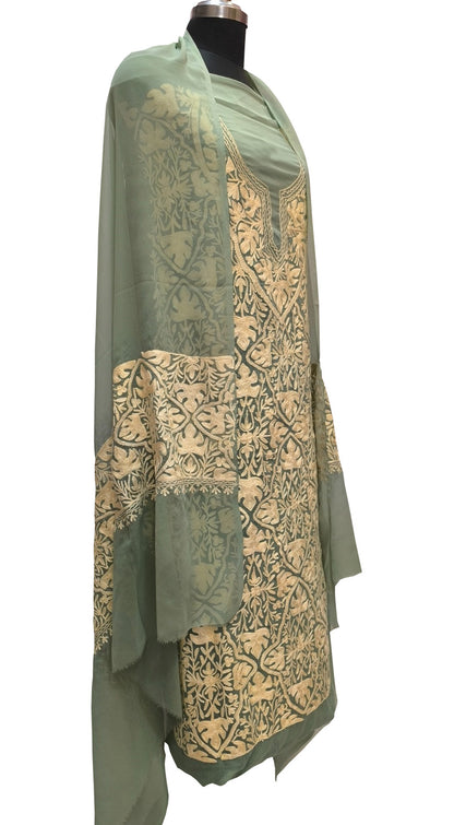 Elegant Green Kashmiri Aari Work Georgette Three Piece Unstitched Suit Set - Luxurion World