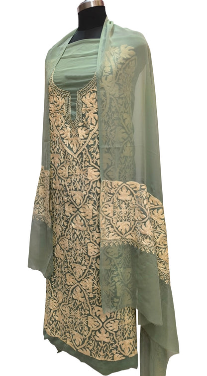Elegant Green Kashmiri Aari Work Georgette Three Piece Unstitched Suit Set - Luxurion World