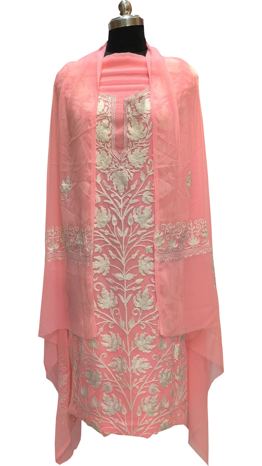Stunning Pink Kashmiri Aari Work Georgette Three Piece Unstitched Suit Set - Luxurion World
