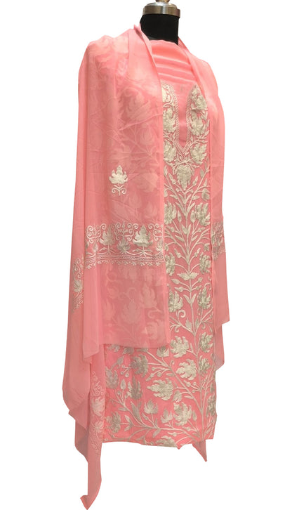 Stunning Pink Kashmiri Aari Work Georgette Three Piece Unstitched Suit Set - Luxurion World