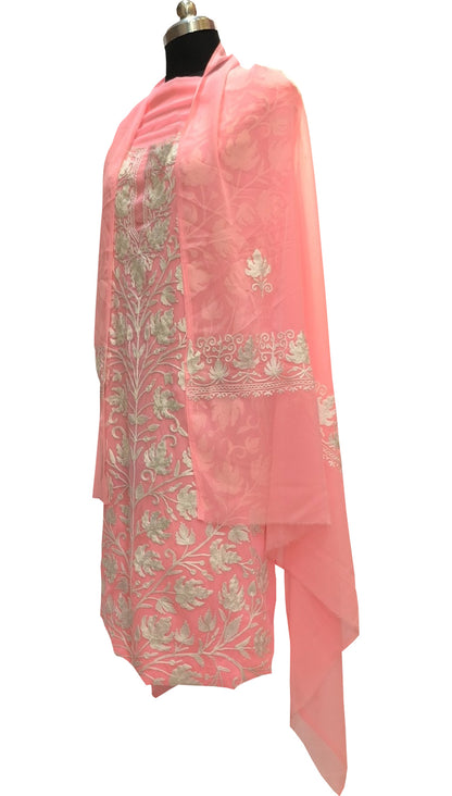 Stunning Pink Kashmiri Aari Work Georgette Three Piece Unstitched Suit Set - Luxurion World