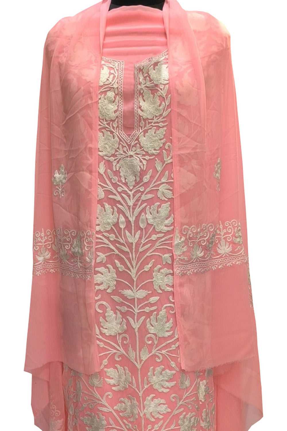 Stunning Pink Kashmiri Aari Work Georgette Three Piece Unstitched Suit Set - Luxurion World