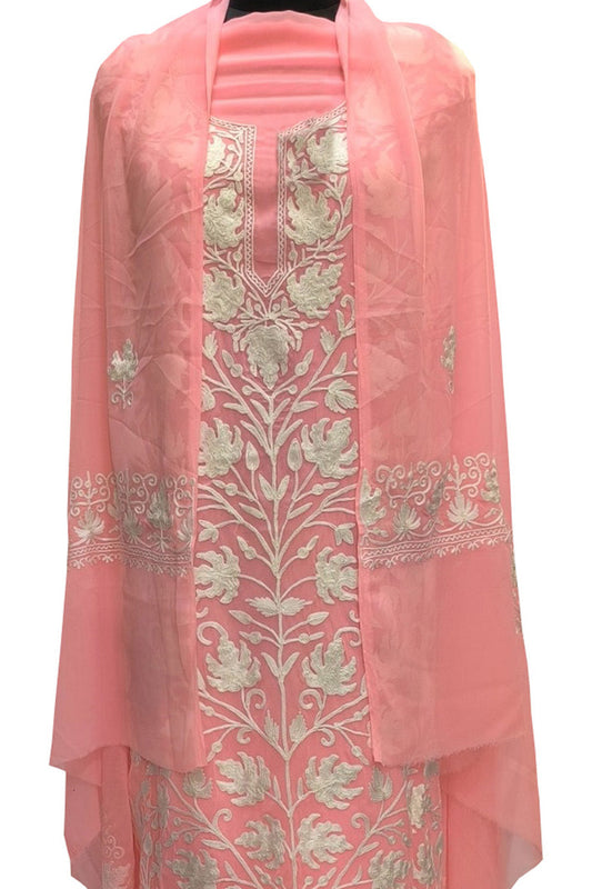 Stunning Pink Kashmiri Aari Work Georgette Three Piece Unstitched Suit Set - Luxurion World