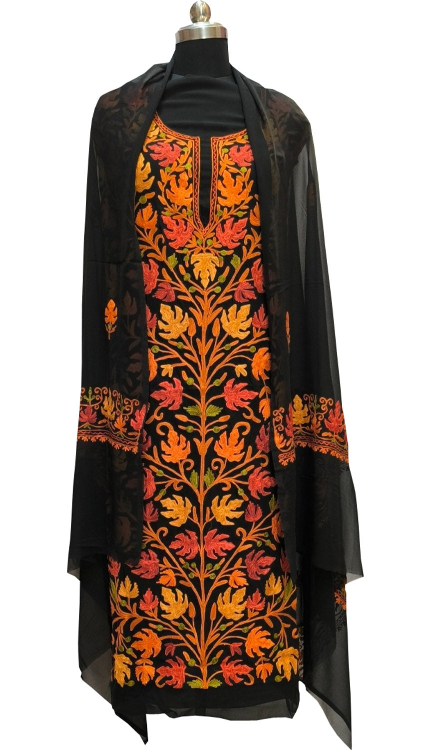 Elegant Black Kashmiri Aari Work Georgette Three Piece Unstitched Suit Set - Luxurion World