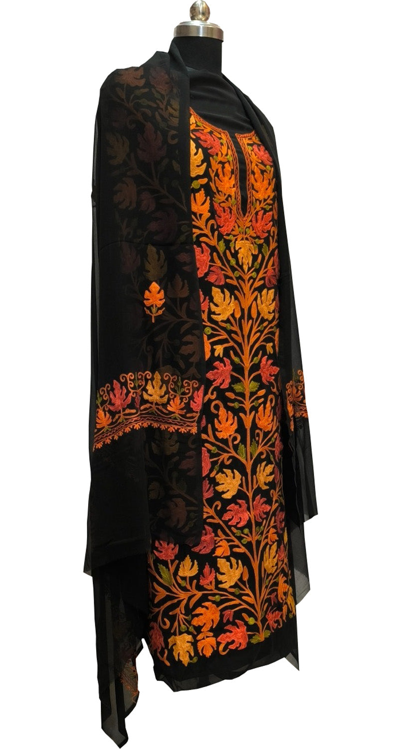 Elegant Black Kashmiri Aari Work Georgette Three Piece Unstitched Suit Set - Luxurion World