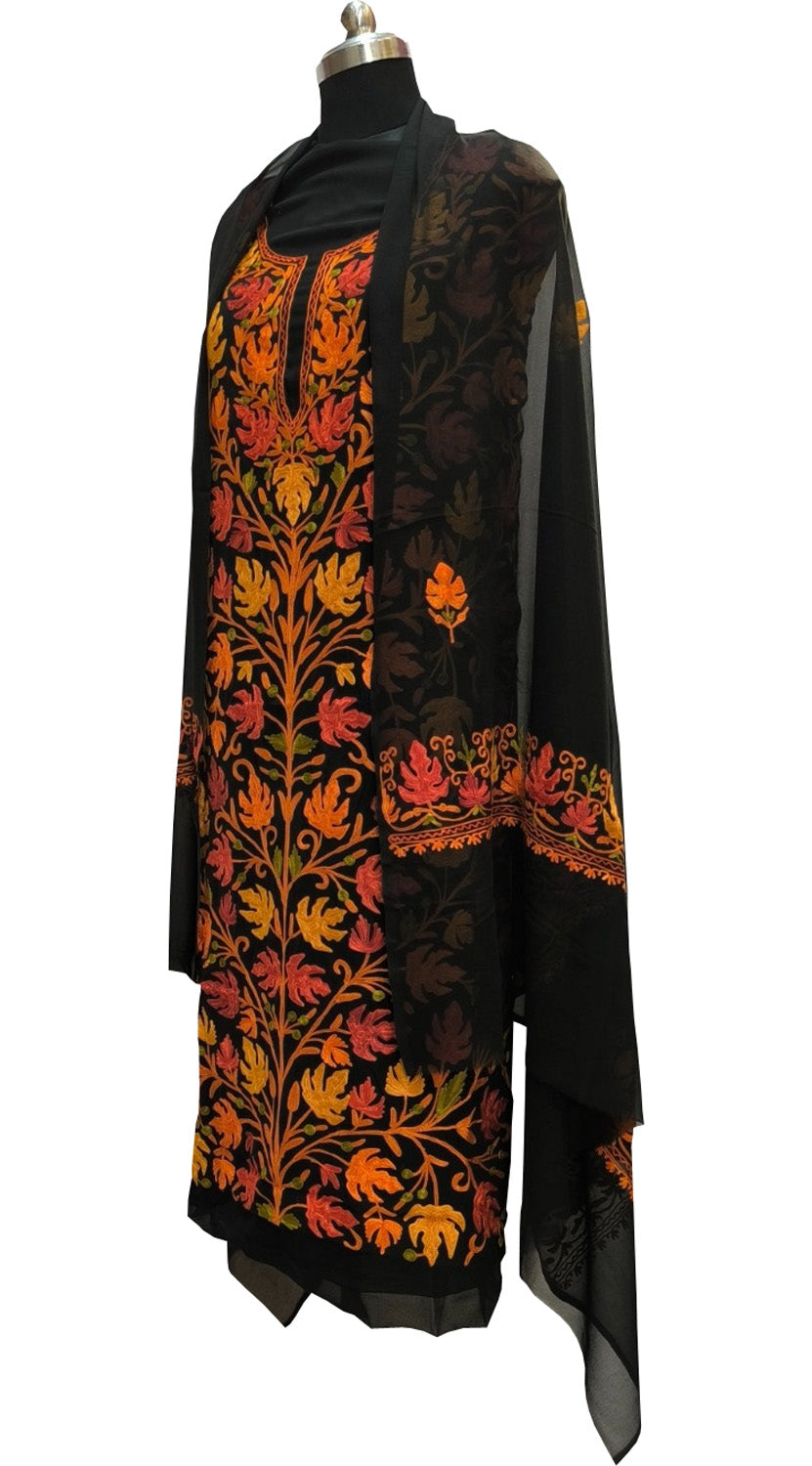 Elegant Black Kashmiri Aari Work Georgette Three Piece Unstitched Suit Set - Luxurion World