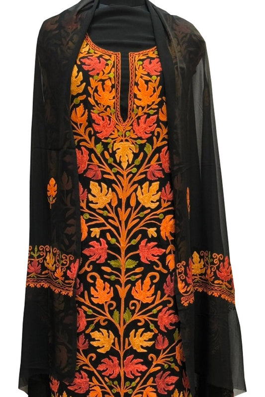 Elegant Black Kashmiri Aari Work Georgette Three Piece Unstitched Suit Set - Luxurion World