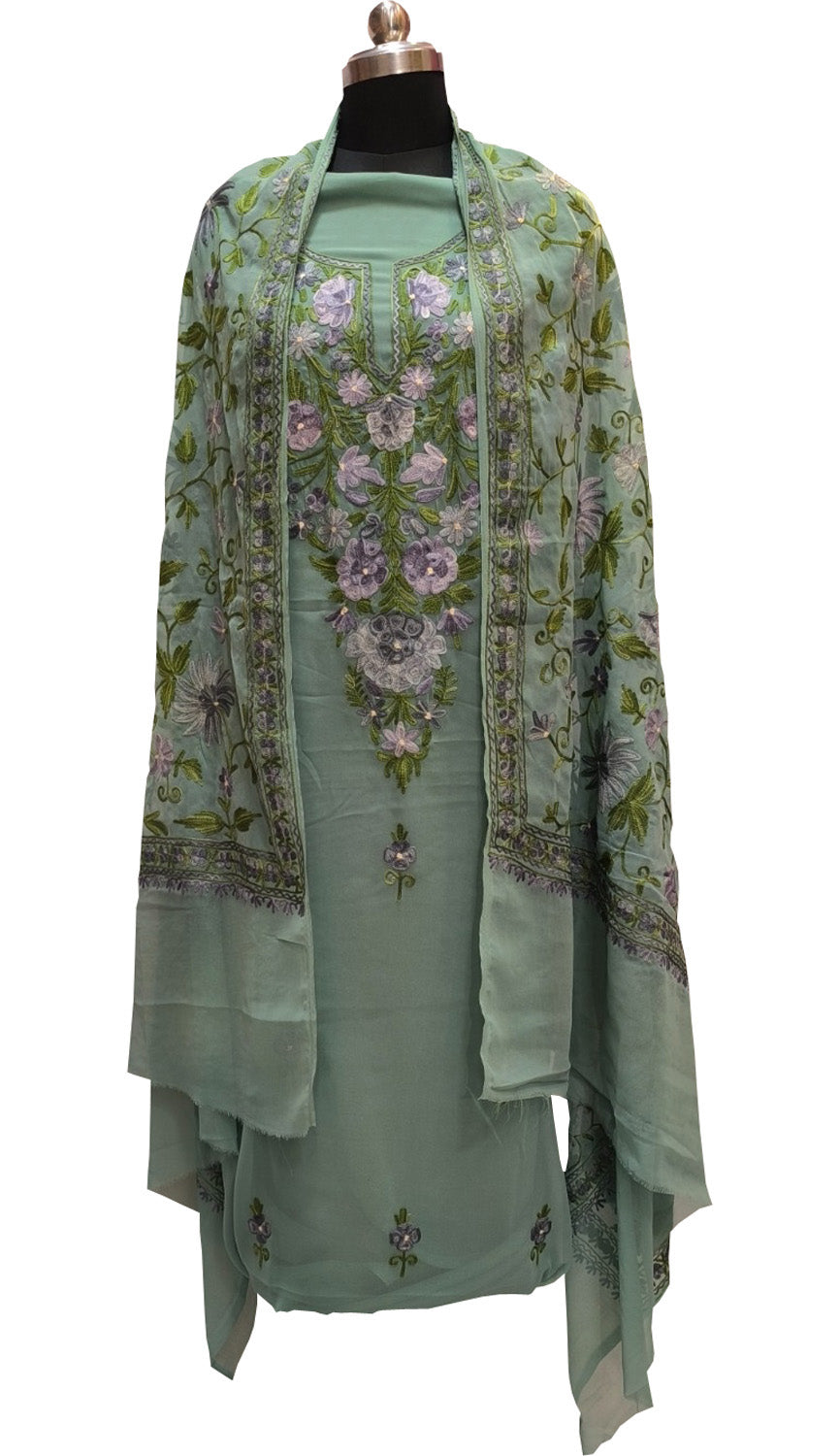 Elegant Green Kashmiri Aari Work Georgette Three Piece Unstitched Suit Set - Luxurion World